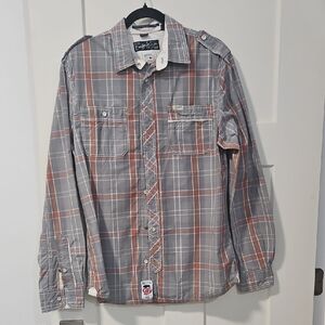 Men's Gray and Orange Plaid Shirt